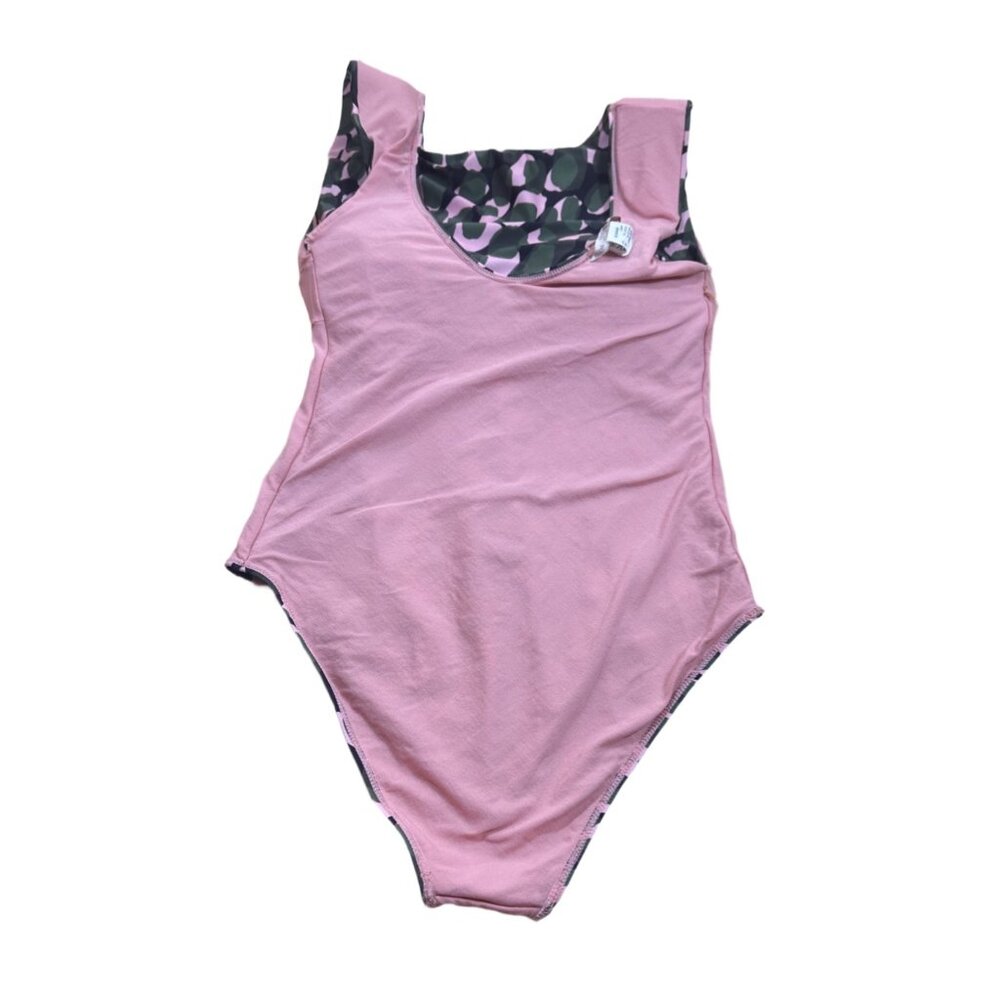 Women’s One Piece Swimsuit Green Pink Abstract Print Size M - Picture 2 of 7